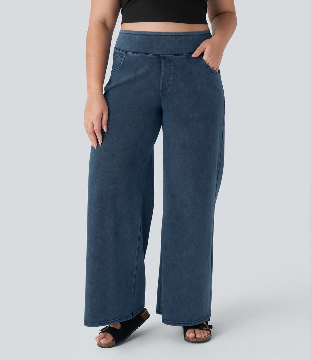 Halara 3X Reg Flex High Waisted Pockets Wide Leg Stretchy Knit Denim Jeans NWT